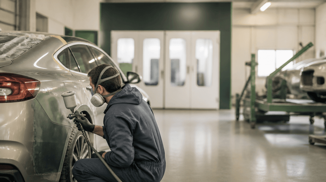 Auto body technician repairing a damaged vehicle in a professional collision repair shop