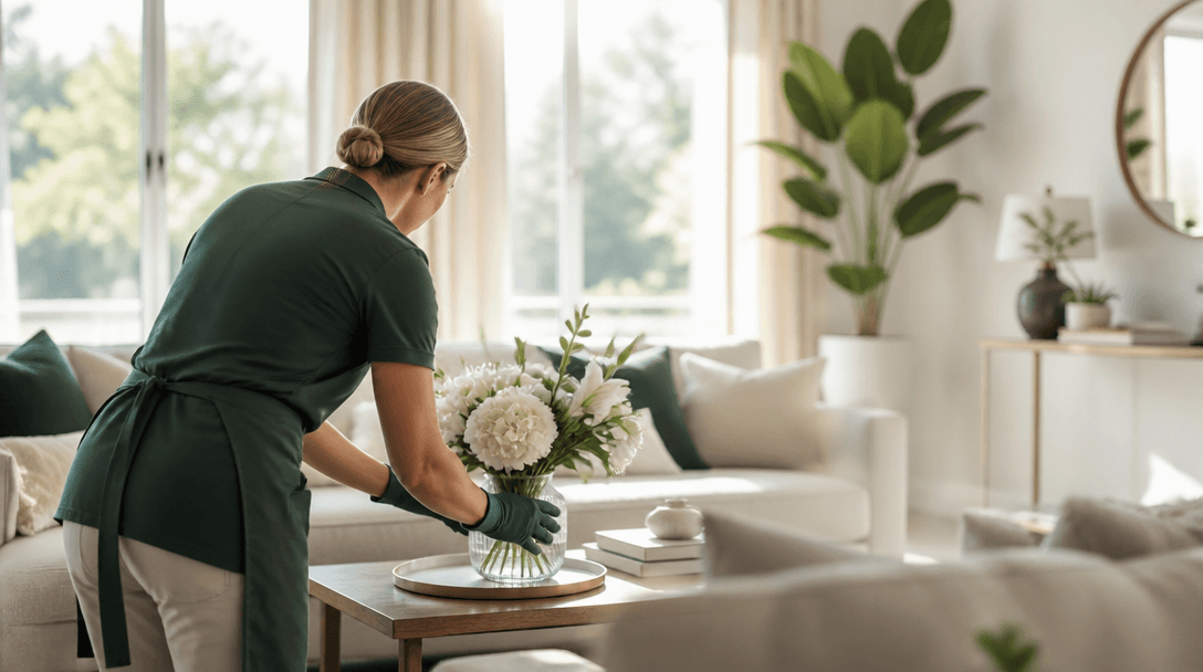Professional house cleaner organizing a bright, tidy living room