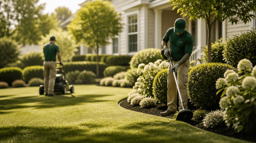 Landscaping crew maintaining a lush residential lawn and garden beds