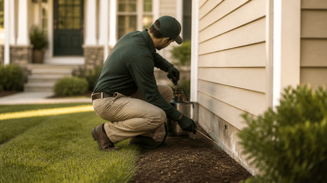 Pest control technician treating the exterior perimeter of a home